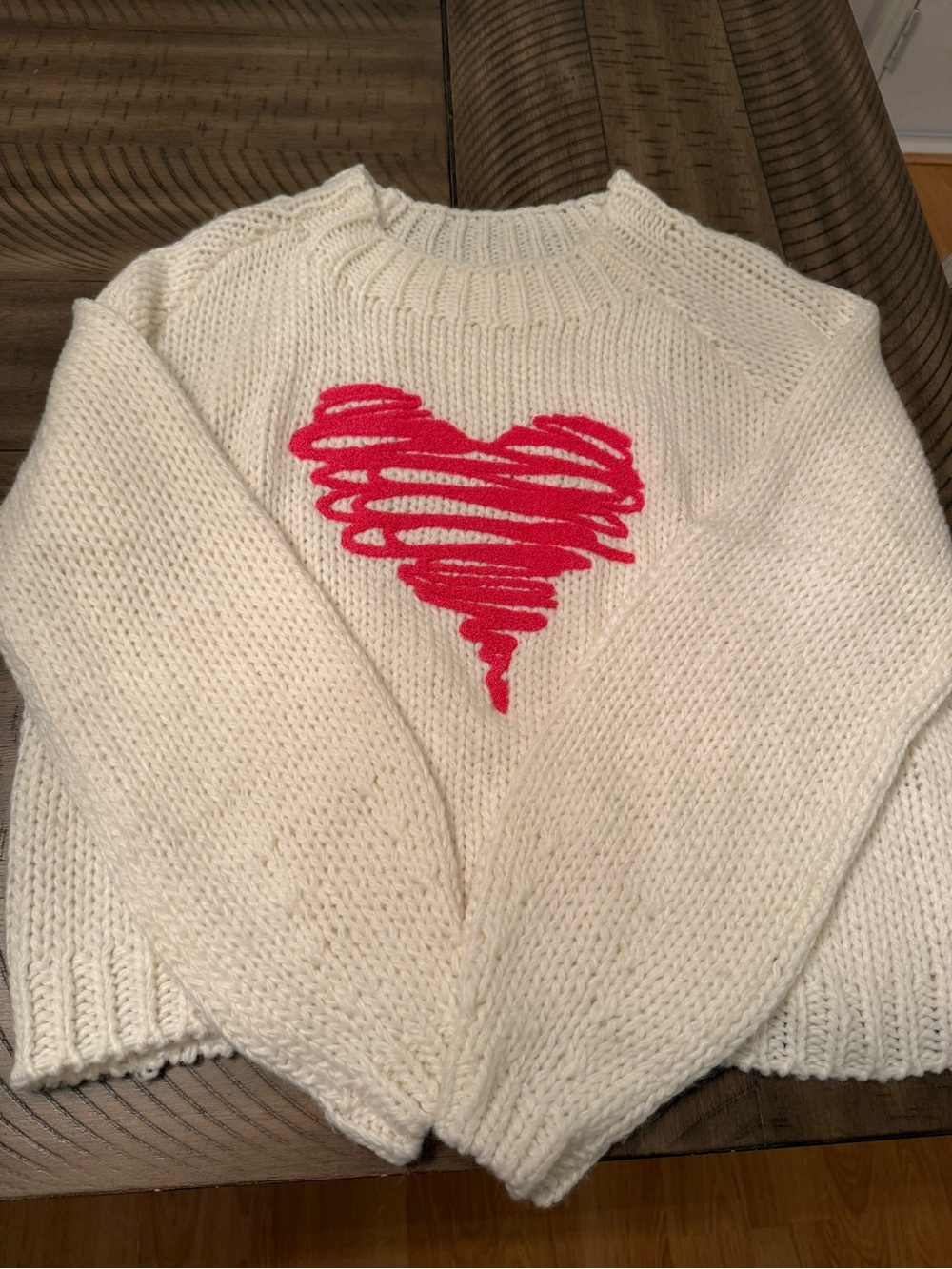Elan Cream Crewneck Sweater with Red Scribble Heart